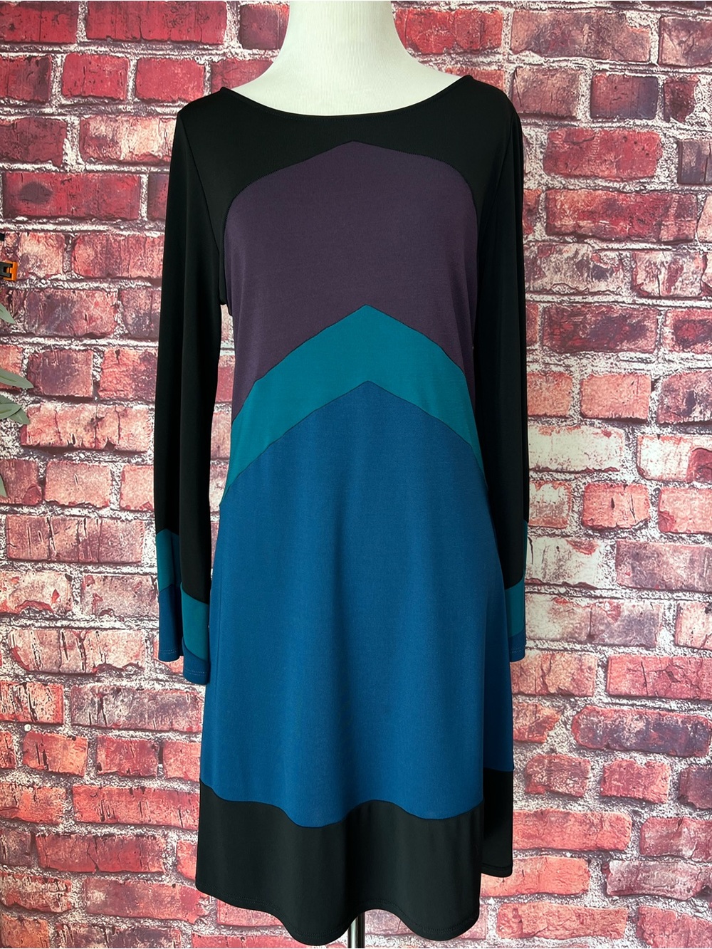 Hale Bob Colorblock Chevron Long Sleeve Shift Dress Large